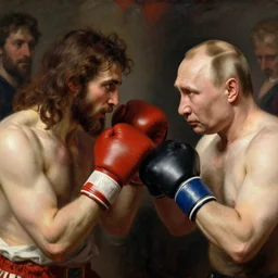 ancient, jesus christ boxing with vladimir putin, fist fight, detailed faces, in battle by anders zorn, wonderful masterpiece by greg rutkowski, beautiful cinematic light, by greg manchess, jessica rossier