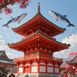 japan temple, perspective, red, dappled light, looking up, studio ghibli, peter mohrbacher style, rendered in houdini. vfx, floating whales, particles, magic, unreal hd artstation trending 8 k
