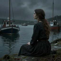 a woman sitting at a harbour looking out at boats. gothic. soft lighting. eerie. folk horror style art