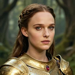 head and shoulders portrait of a female knight, young natalie portman, golden etched armor, lord of the rings, celtic hair braid, eldritch ruby amulet, sylvan glade, by artgerm, alphonse mucha, face detail, sharp focus, high key lighting, vogue fashion photo