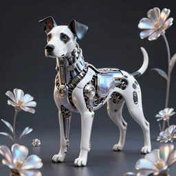 detailed digital biopunk biomechanical dalmatian dog in retrofuturistic iridium flowers, cinematic lighting, 8 k, artgerm, wlop, rutkowski, carne griffiths, ayami kojima, trending cgsociety deviantart, minimalism