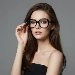 a portrait of a beautiful skinny woman with big glasses by Martin Schoeller, photorealistic, global lighting