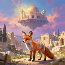 a beautiful small fox in the huge ruins of the second temple in jerusalem, dreamy sky, the third temple hovers quietly hiding in the sky above, very colorful painting 8 k trending on art station, intricate superb details, digital art, very very very realistic, cinematic lighting, volumetric lighting, photographic, blur bokeh defocus dof sky.