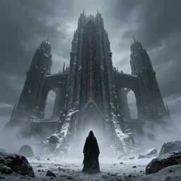 massive alien sci - fi gothic structure, snowy desolate landscape, horror vibe, scary, cloaked figure, 3 d render, dramatic lighting, foggy, matte painting, low angle photo