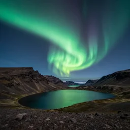 beautiful mountain landscape of iceland with a lake at night with the majestic aurora borealis , art, high detail, high definition, photorealistic, hdr,