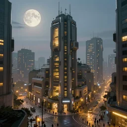 small building, city, street view, science fiction, cyberpunk, morning, wide angle, full of people, moon, a lot of yellow lights, cinematic lighting, high detail, digital painting, concept art, illustration, smooth, sharp focus, trending on artstation, trending on deviantart, 4 k