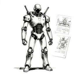 ninja robot standing neutrally, robotic head, a page from cyberpunk 2 0 2 0, style of paolo parente, style of mike jackson, 1 9 9 0 s comic book style, white background, ink drawing, black and white