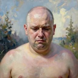 denis coderre portrait, a bald fat denis coderre with a suffering look to his face, highly detailed, oil painting, masterpiece, nature, fantasy illustration, narcissism romanticism, award winning,