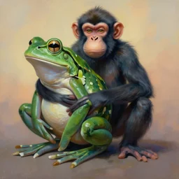 painting of hybrid frog!!! and ( ( ( ( monkey ) ) ) ) fused together, intercrossed animal, by zdzislaw beksinski, by lewis jones, by mattias adolfsson, cold hue's, warm tone gradient background, concept art, digital painting