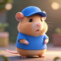 a 3D render of a cute fuzzy pet rat dressed in a blue t-shirt and blue baseball cap, bokeh, Canon 50mm, cinematic lighting, volumetric light, octane, octane render, redshift render