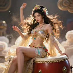 a beautiful female goddess of the drums character, character is in all its glory, character is in her natural relaxed pose, rim lights, particles and dust in the air, fancy clouds, highly detailed professional photo, dynamic lights, particles are flying, depth of field, trending on artstation, professional illustration, hyper realistic, vray caustics, super detailed, colorful accents, cinematic shot
