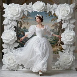 beautiful symmetrical queen with a long and majestic white semi-transparent large ornate cotton dress is running and merged with a large warp ornate white cotton semi-transparent roses wonderful renaissance panorama behind her,meredit frampton style--8k-n9
