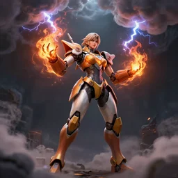 Female Robot mecha sorcerer, Fire hands, Lightning clouds above, Randy Vargas, Greg rutkowski Artstation Unreal Engine