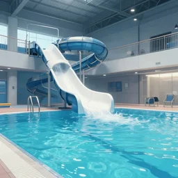 Screenshot from Nier Automata at an indoor swimming pool with a water slide