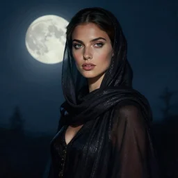 detailed portrait in mysterious femininity, ethnic, clear eyes, statuesque, gazelle - like, confident realistic face, radiant skin, dark gown and scarf, svelte fashion design, bathed in moonlight, chiaroscuro, impressionism, midnight, natural color scheme, silhouette, glint highlights, deep rich hues, sharpened illustration