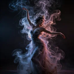 mysterious, hyper - realistic representation of a dancing smoke goddess made of curling wispy colorful smoke, volumetric lighting, dark background