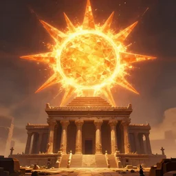 a blazing geometric sun above a monolithic temple, detailed, cell shaded, 4 k, warm colours, concept art, by wlop, ilya kuvshinov, artgerm, krenz cushart, greg rutkowski, pixiv. cinematic dramatic atmosphere, sharp focus, volumetric lighting, cinematic lighting, studio quality