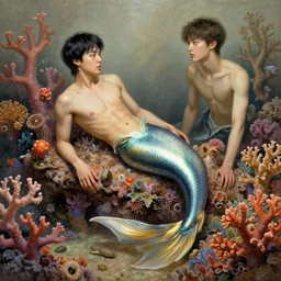 harmony, black haired merman yoongi golden fins, colorful coral, muted colors, wlop, james jean, victo ngai, highly detailed, fantasy art by craig mullins, thomas kinkade