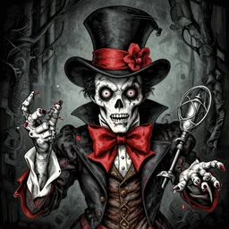 Zombie mad hatter, detailed intricate ink illustration, dark atmosphere, detailed illustration, hd, 4k, digital art, overdetailed art, concept art, by greg rutkowski, by loish, complementing colors, Trending on artstation, deviantart