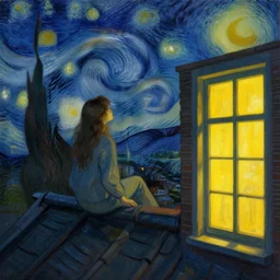 a romantic girl on the roof of the house in rotterdam looks at the stars, in the windows yellow light, painting by wang gogh