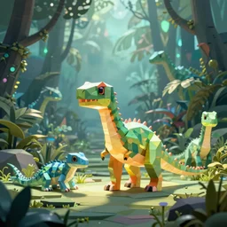 lowpoly holographic glowing dinosaurs, aurora lizards, foggy jungle in the background, by greg rutkowski