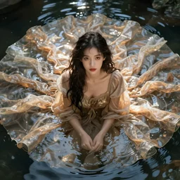 girl immersed in water with long and wide dress