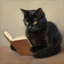 renoir painting of black cat reading a book