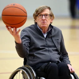 a closeup photorealistic photograph of steven hawking playing wheelchair basketball. shooting the ball. bright scene. accurate face. fine detail. this 4 k hd image is trending on artstation, featured on behance, well - rendered, extra crisp, features intricate detail and epic composition.