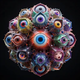 a multicolor fractal mandelbulb god with multiple eyes by alex gray, android jones, karol bak, ayami kojima, artgerm, concept art, sharp angles, robot, 3 d, octane render, 8 k, unreal engine