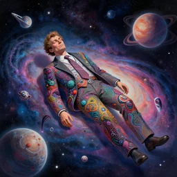 a corrupt politician corpse floating in space, psychedelic galaxy background with spiraling stars and planets, fractal spaceships flying, interesting and complex character design, digital painting masterpiece by mœbius, kim jung gi, karl kopinski, ilya kuvshinov, 4 k wallpaper, trending on artstation