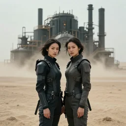cinestill 5 0 d photographic portrait of two loving clones, techwear women on a desolate plain, a brutalist dark metal facility in the background, sandstorm, depth of field, 4 k, 8 k, hd, full color