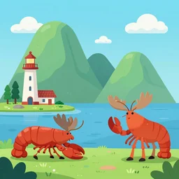 Welcome to Lobster Island National Park! Mountains, Light House, Lobster-Moose Hybrid, Colorful Vibrant Tourism Poster
