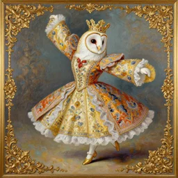 the royal king's barn owl dancing by greg hildebrant lisa frank fancy rococo baroque regal oil painting high quality award winning clothed in fancy garb