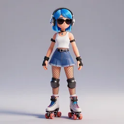 punk girl with blue hair, wearing headphones and sunglasses, short skirt and white tank top, fishnet stockings, rollerblades, 3D, octane render