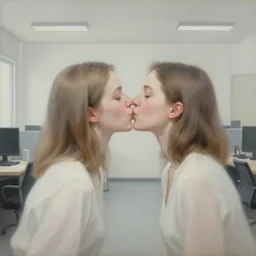 women kissing on cheeks, airbrush painting, pale, inside an office, wide shot,