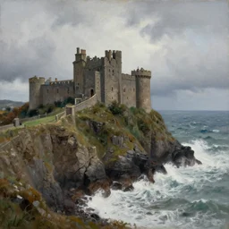 john avon painting of a castle on a cliff near the stormy sea