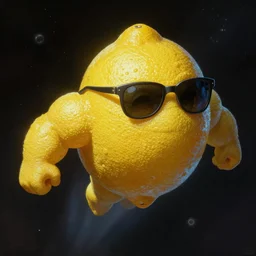 anthropomorphic badass muscular highly textured lemon character wearing cool sunglasses flying through space, by Frank Frazetta, trending on artstation, highly detailed