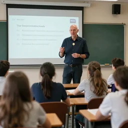 A photograph of a tall caucasian bald male teacher wearing a sixpence discussing the benefits and dangers of AI with his students in the classroom, 55mm zeiss hasselblad f/4 award winning photo