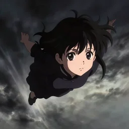 anime visual, portrait of a young black haired girl flying in the sky, cute face by yoh yoshinari, katsura masakazu, dramatic lighting, dynamic pose, dynamic perspective, strong silhouette, ilya kuvshinov, moody, detailed