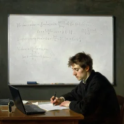 year 2022 young male mathematician working on a formula on the table in front of a messy white board oil painting by rembrandt, dark room, romantique, realistic