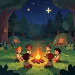 kid scouts camp in the middle of the forest during the starred night, night sky full of stars, kids sitting around the firepit, in style of cartoon network and scooby - doo and disney 2 d animations