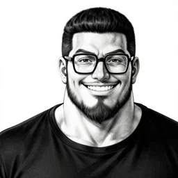 highly detailed ink illustration of a buff smiling man with long stubble, muscular neck, rectangular square shaped glasses and a black bowl cut, wearing a black tshirt, unreal engine, octane render, b & w clean shaped illustration by kim jung gi, ron english and eiichiro oda