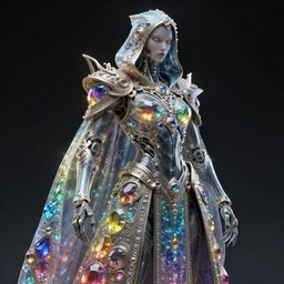 cybernetic crystal assassin, award winning concept render, realistic, intricate linework, beautiful spectrum of colorful gems on armor cloak, cyborg, glowing, baroque, hooded, ornate!!!, futuristic, detailed, moody, magical, wlop, chebokha, rutkowski, artgerm, shinkai
