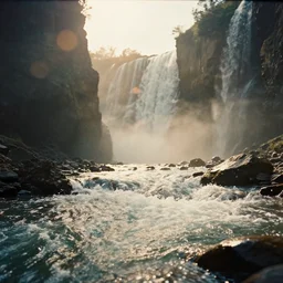 a 2 8 mm macro photo of a flowing river and waterfalls in a huge canyon, splash art, movie still, bokeh, canon 5 0 mm, cinematic lighting, dramatic, film, photography, golden hour, depth of field, award - winning, anamorphic lens flare, 8 k, hyper detailed, 3 5 mm film grain, hazy