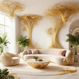 a modern indoor room made from a hiper detailed thin golden tendrils, fractal ornaments, clean architecture, pastel colored, baroque, a couch, a couch table, some fresh plants, intricate detailed 3 d render, elegant, intense colors, wide shot, octane render, photorealistic, daylight, peaceful, 8 k