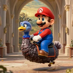 luigi from super mario riding an osterich in a church, painting by leonardo da vinci, hyperrealistic