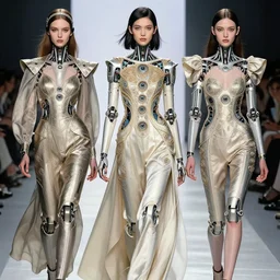 Photorealistic illustration, fashion show with cyborg , with fashion clothe, six digital eyes by sorayama , sci-fi, futuristic, intricate, elegant, highly detailed, digital painting, artstation, concept art, smooth, sharp focus, art by artgerm, sorayama,  greg rutkowski and alphonse mucha