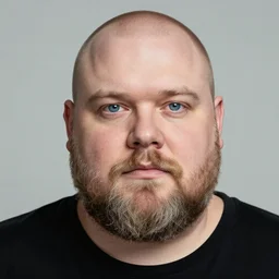 a picture of a 4 0 year old man with blue eyes, shaved head, light brown and grey short beard, heavyset by artgerm and greg rutkowski