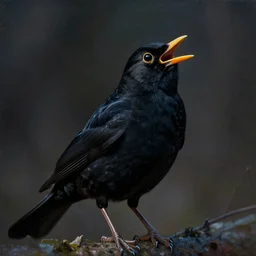 hyperrealistic mixed media painting of a blackbird singing in the dead of night, dim volumetric lighting, 8k octane beautifully detailed render, post-processing, portrait, extremely hyper-detailed, intricate, epic composition, cinematic lighting, masterpiece, trending on artstation, stunning, art by P. Craig Russell and Barry Windsor-Smith