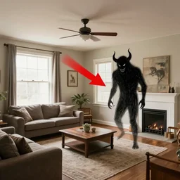a real estate home interior photo. a paranormal photo with red arrow pointing to a demon drawn on the photo.